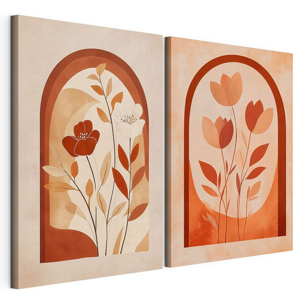 Two paintings of flowers and leaves