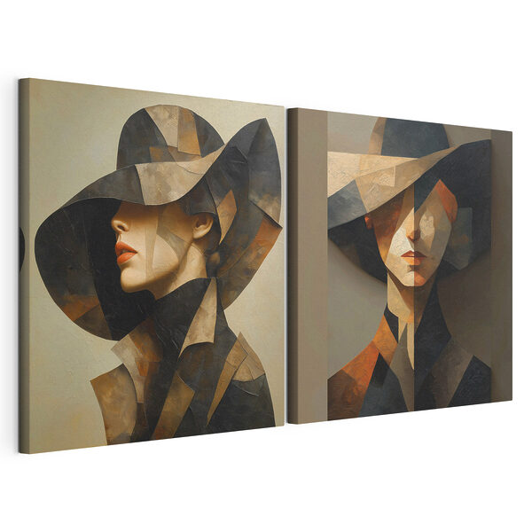 Collage of a painting of a woman in a hat