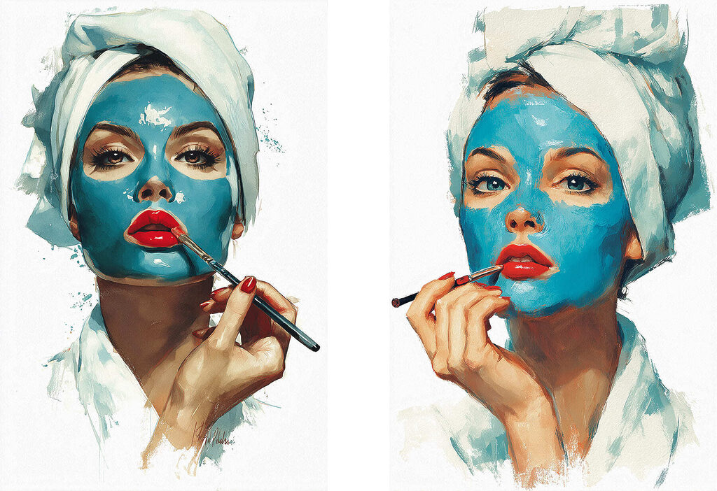 Collage of a woman applying a blue mask
