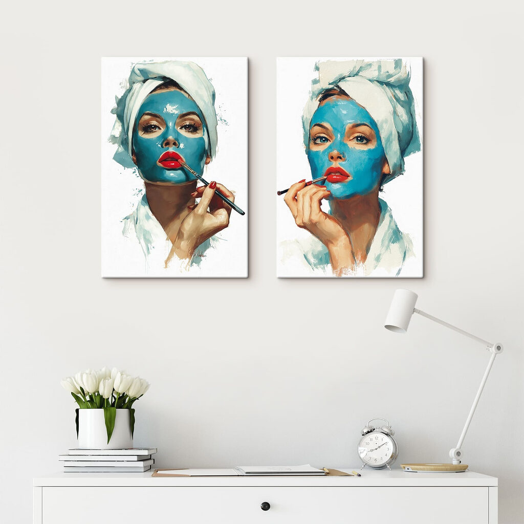Collage of a woman applying a blue mask
