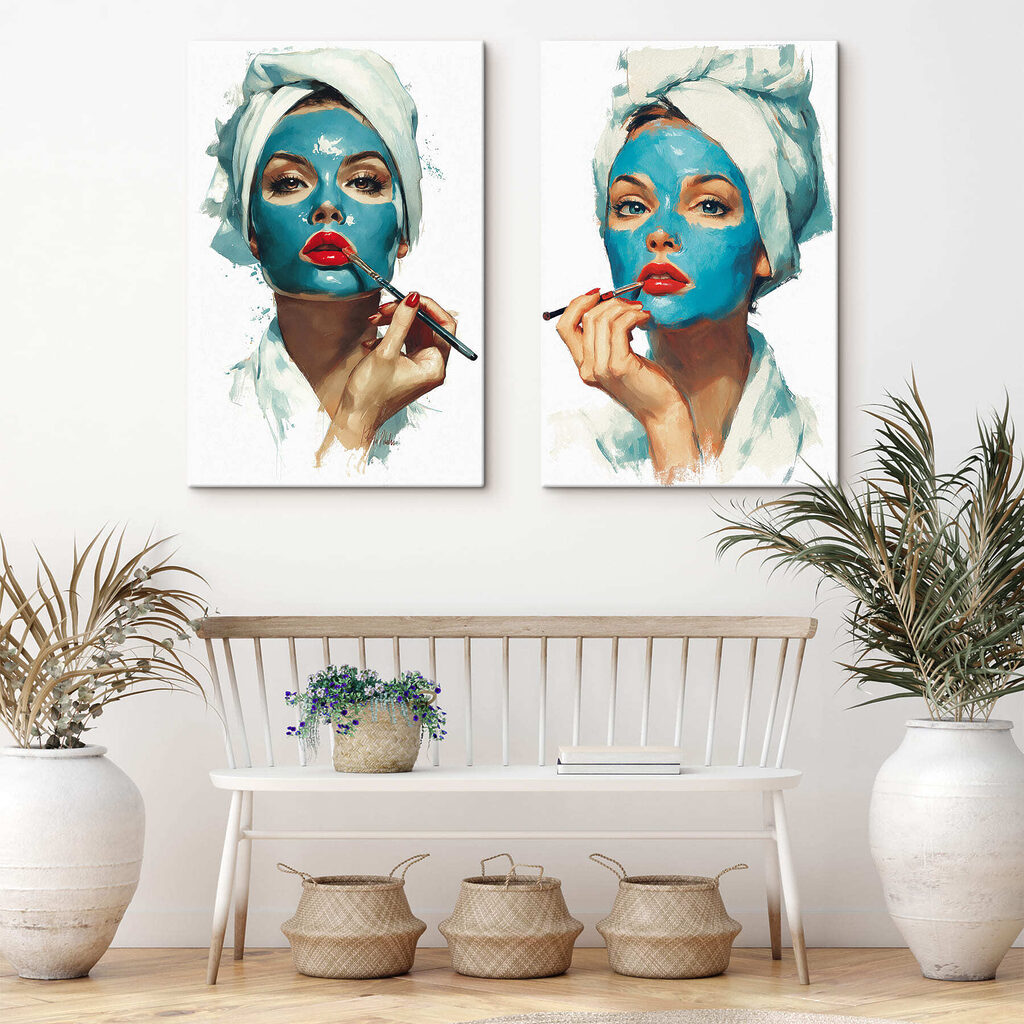 Collage of a woman applying a blue mask