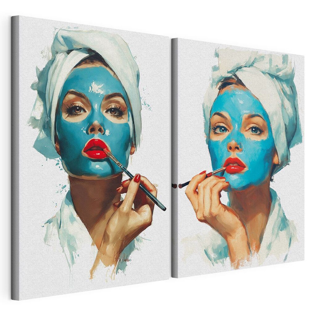 Collage of a woman applying a blue mask