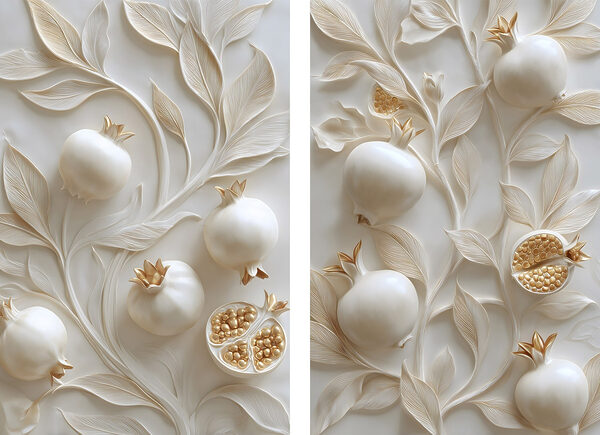 Elegant pomegranates amidst flowing leaves