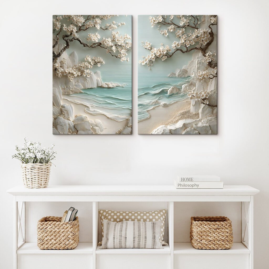 Painting of a beach and a tree
