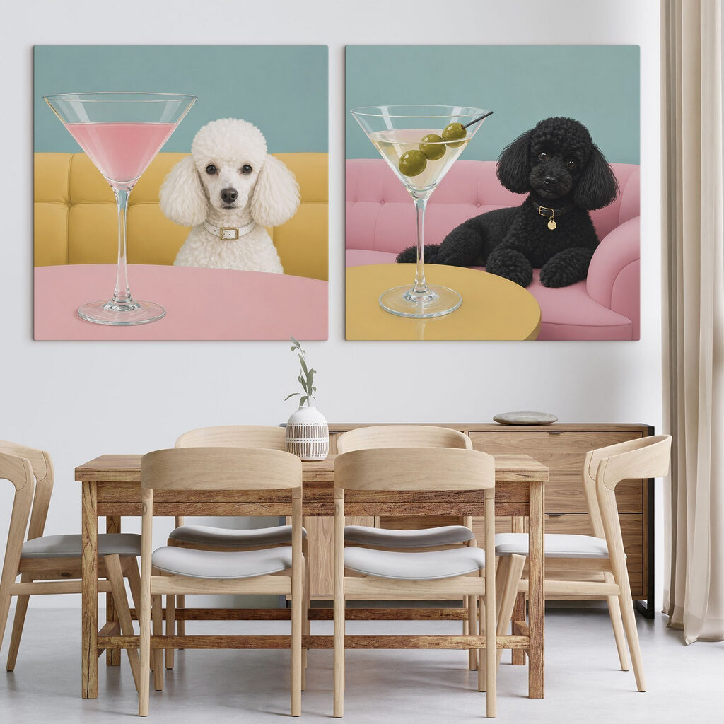 Dog sitting at a table with a martini glass
