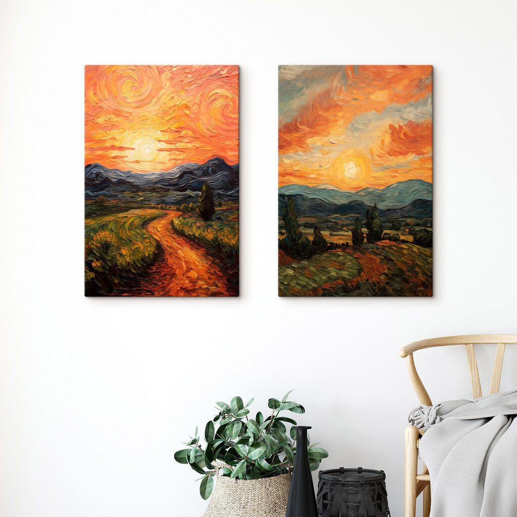 Painting of a road and mountains