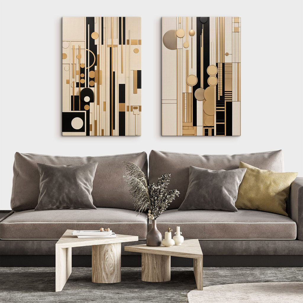 Collage of art with different shapes and colors