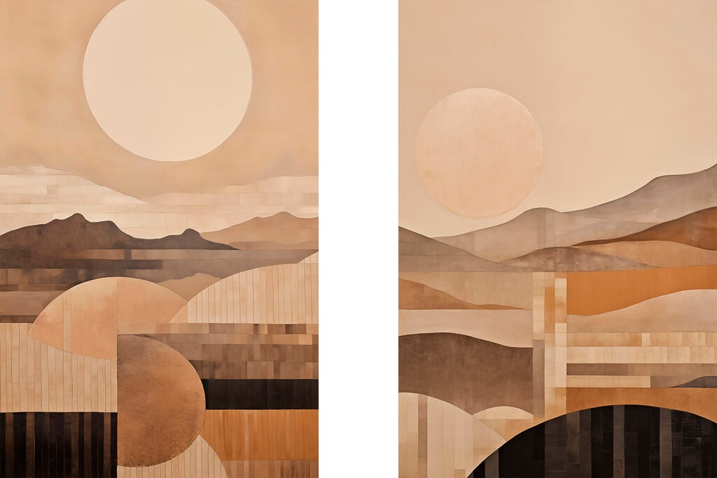 Painting of hills and sun