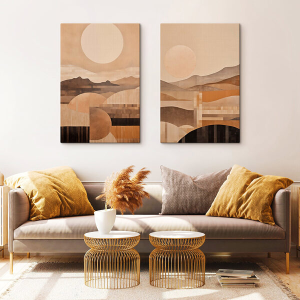 Painting of hills and sun