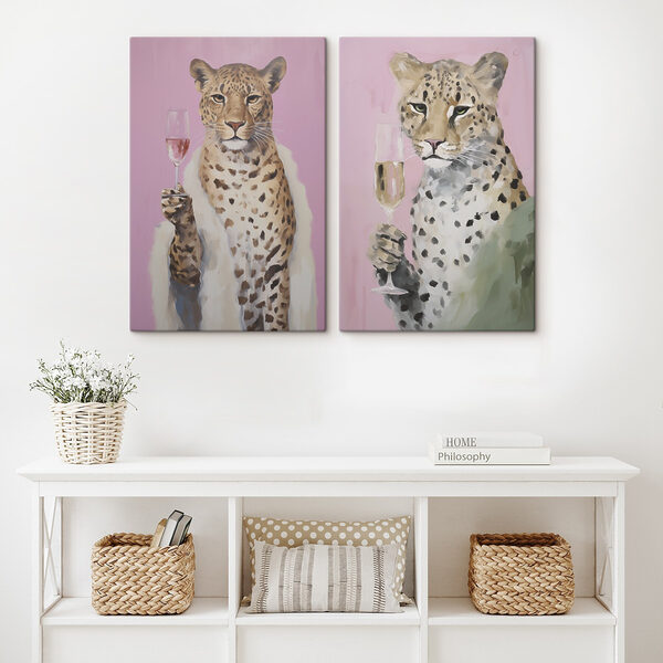 Painting of a cheetah holding a glass of wine