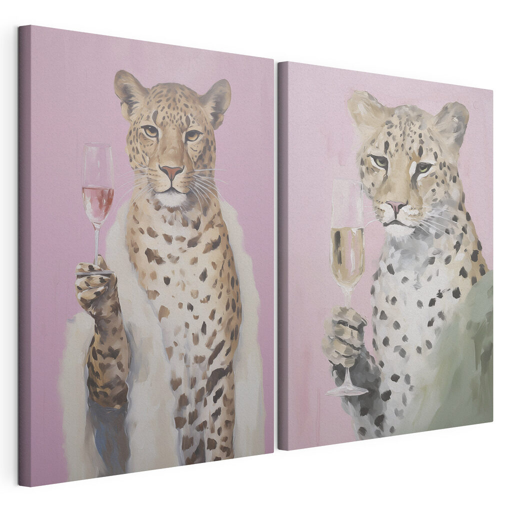 Painting of a cheetah holding a glass of wine