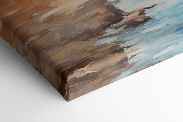 Painting of a beach and a cliff
