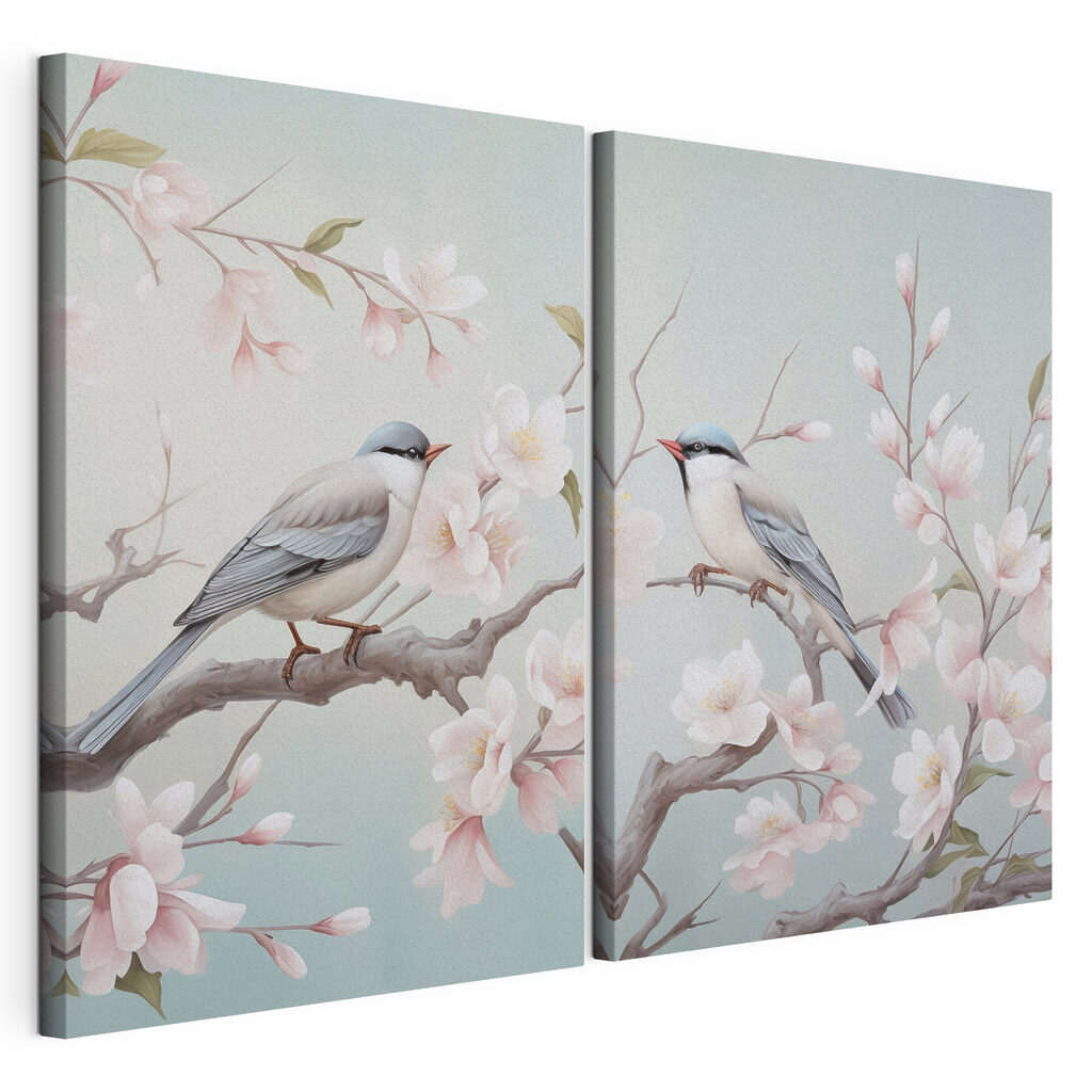 Couple of birds on a branch with flowers