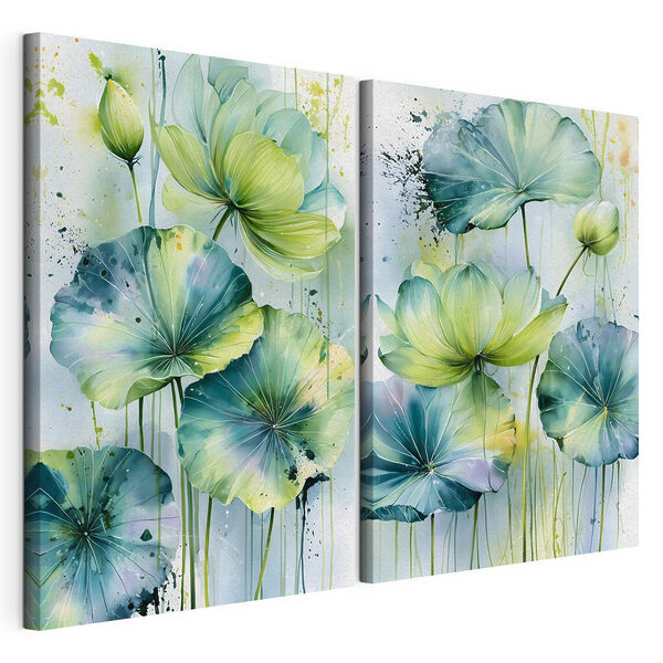 Painting of flowers with green leaves