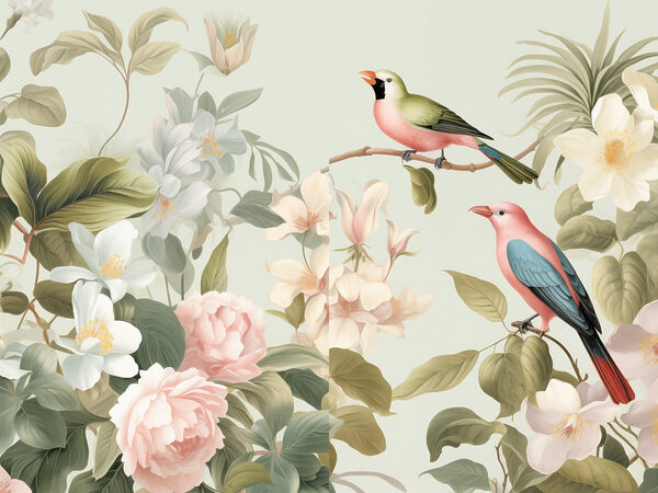 Couple of birds on a branch with flowers
