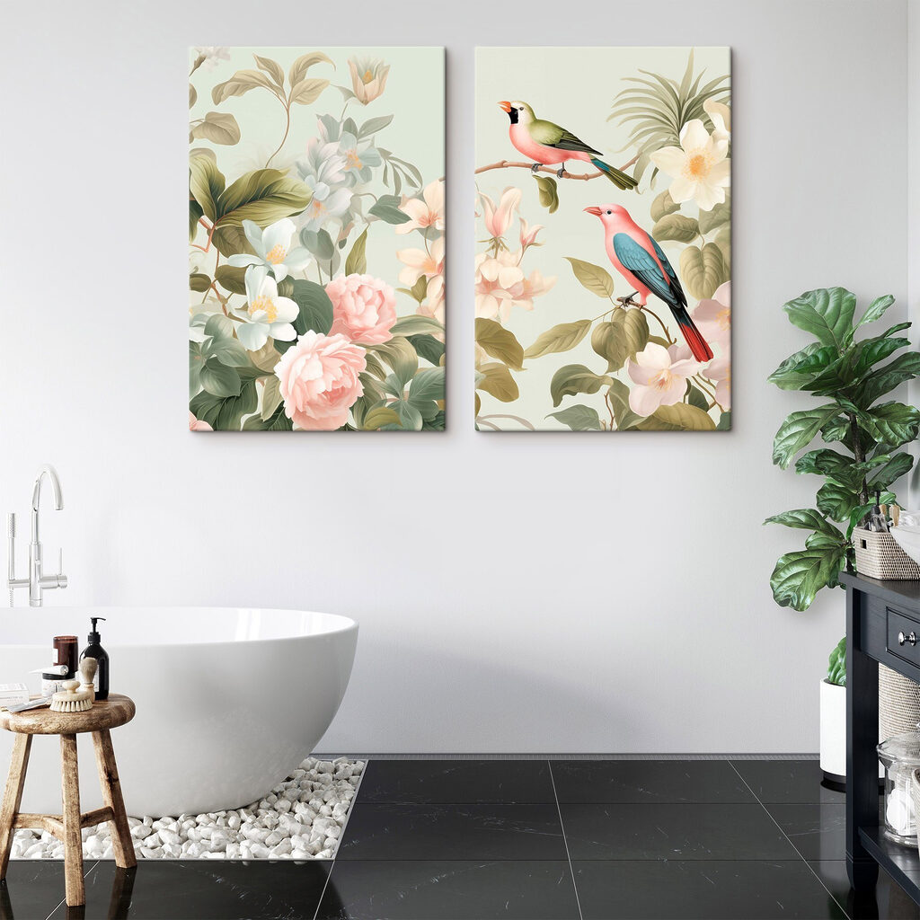 Couple of birds on a branch with flowers