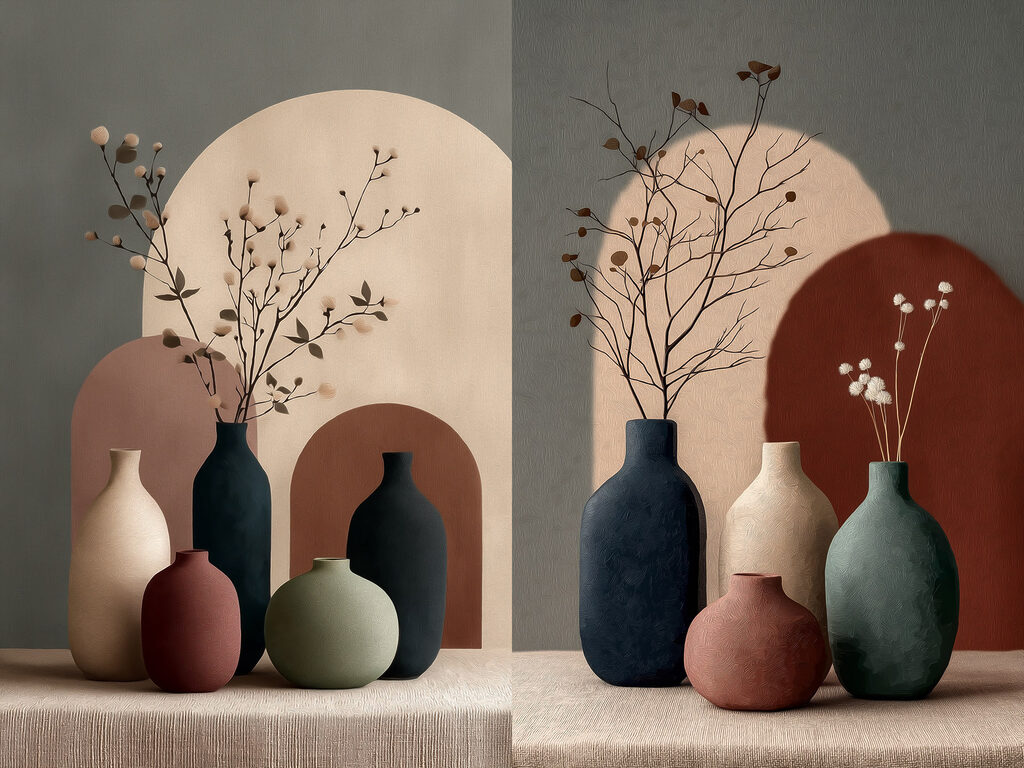Group of vases with flowers in them