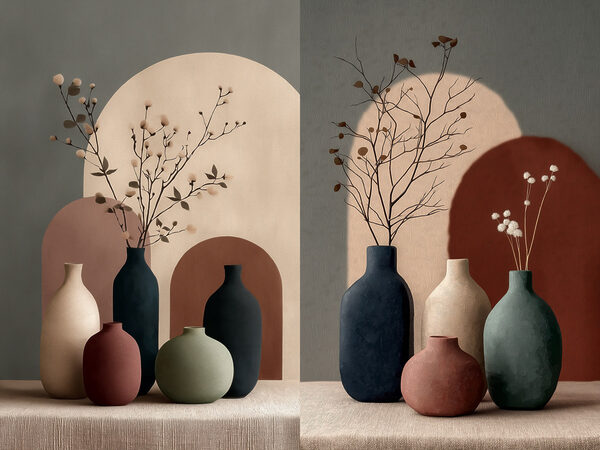 Group of vases with flowers in them