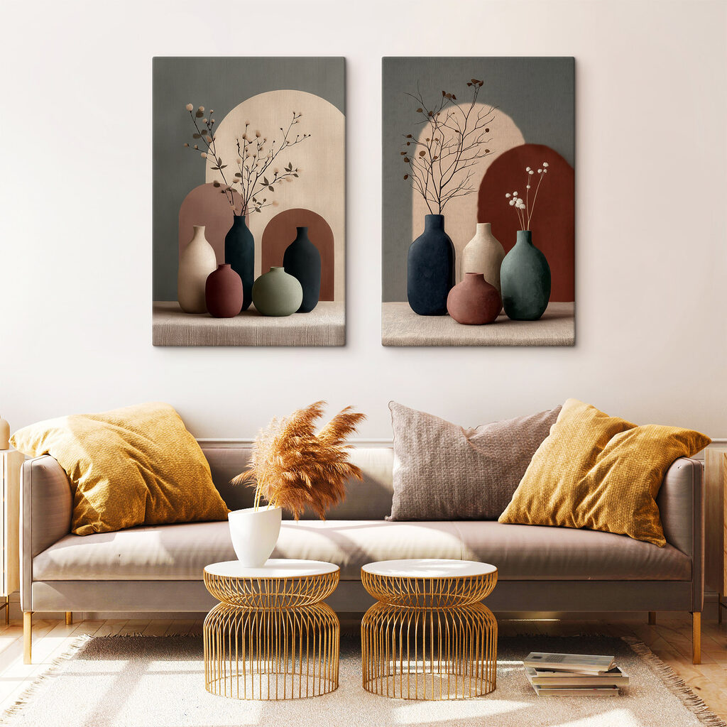 Group of vases with flowers in them