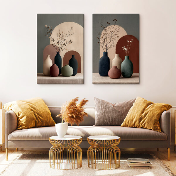 Group of vases with flowers in them