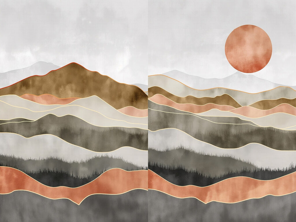 Painting of hills and sun