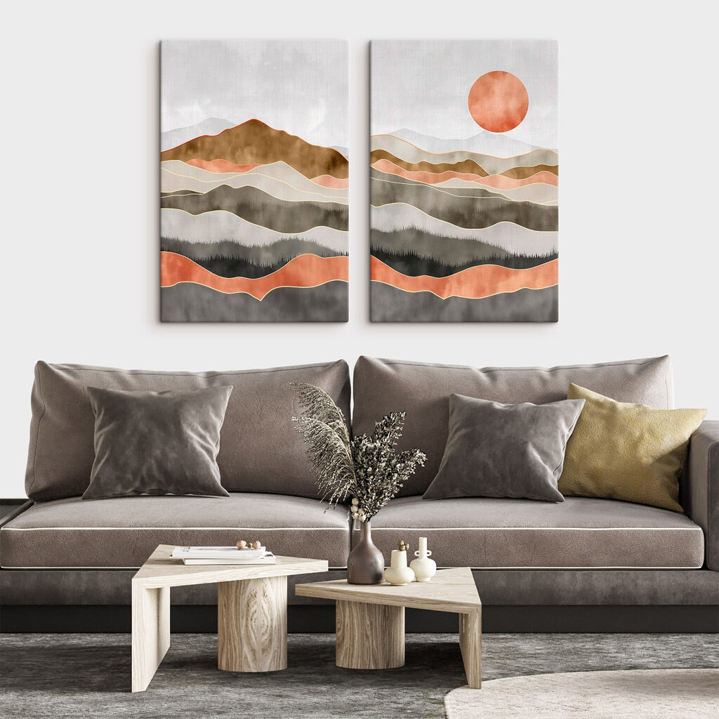 Painting of hills and sun