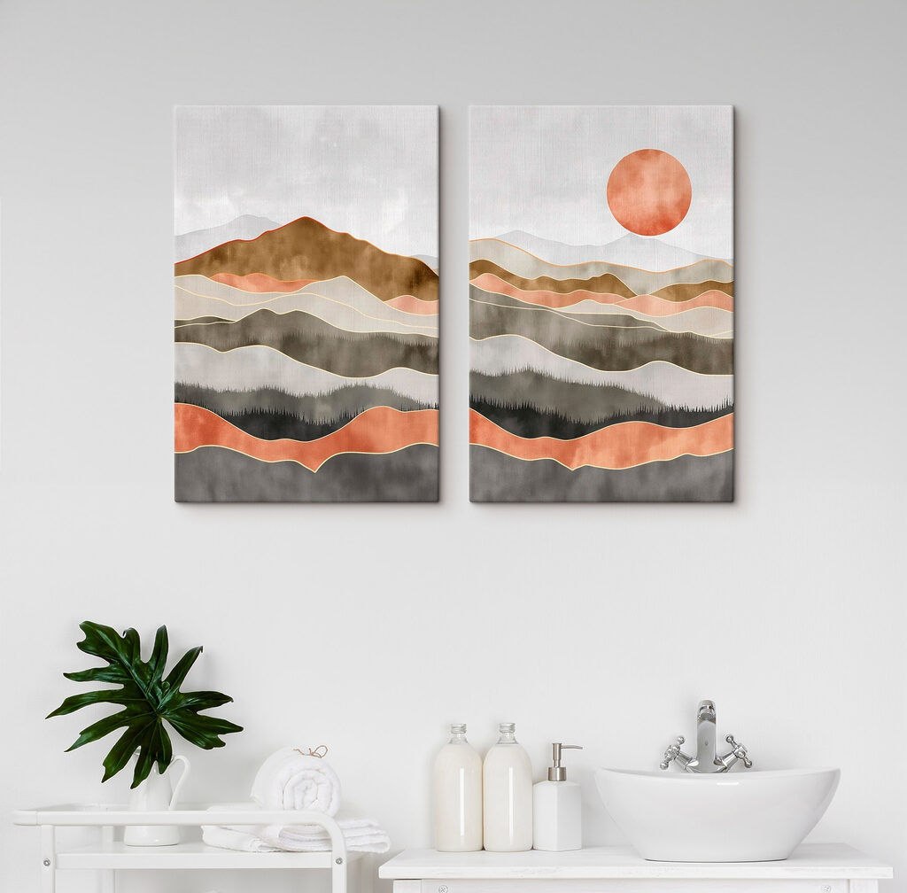 Painting of hills and sun