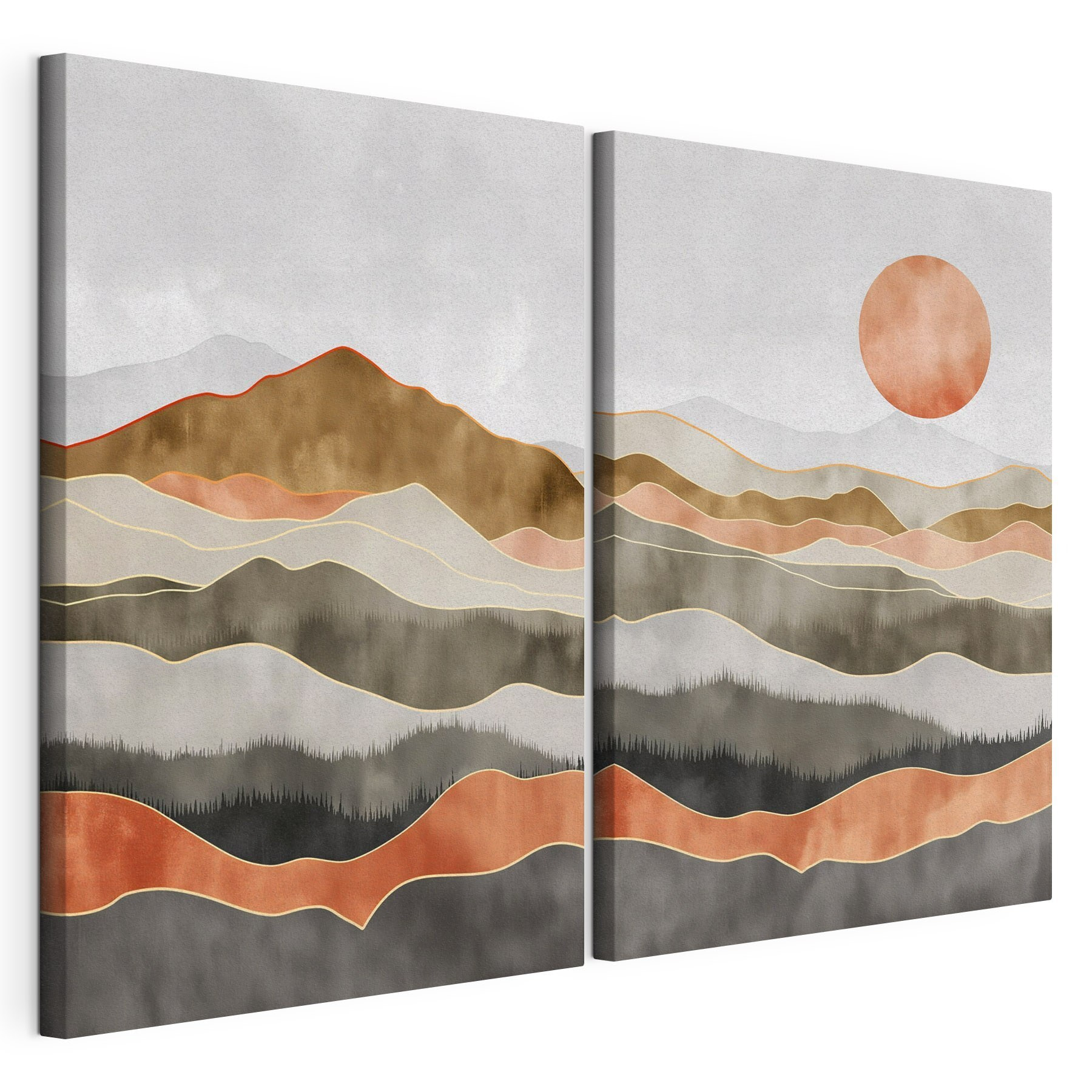 Painting of hills and sun