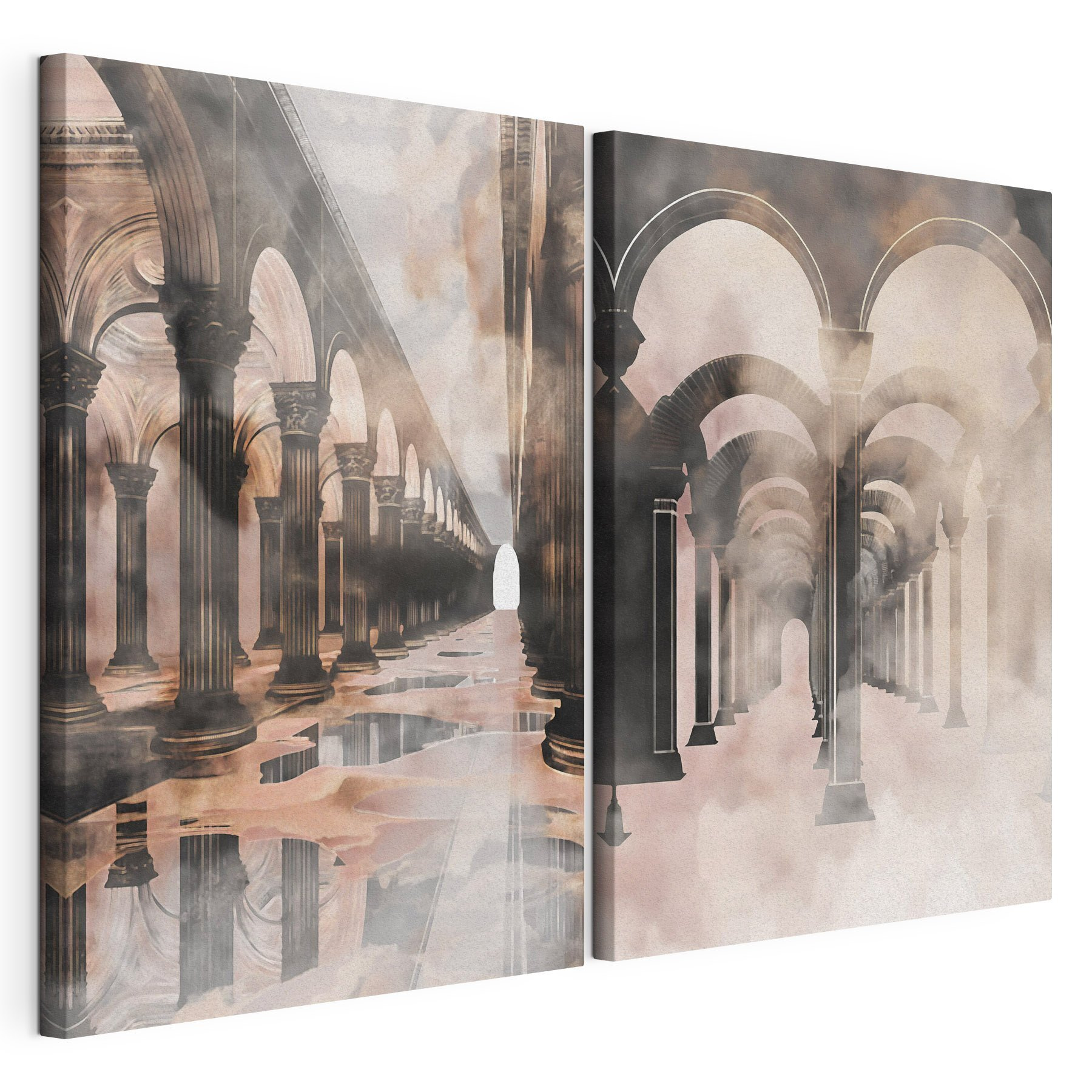 Collage of a hallway with columns and a puddle of water