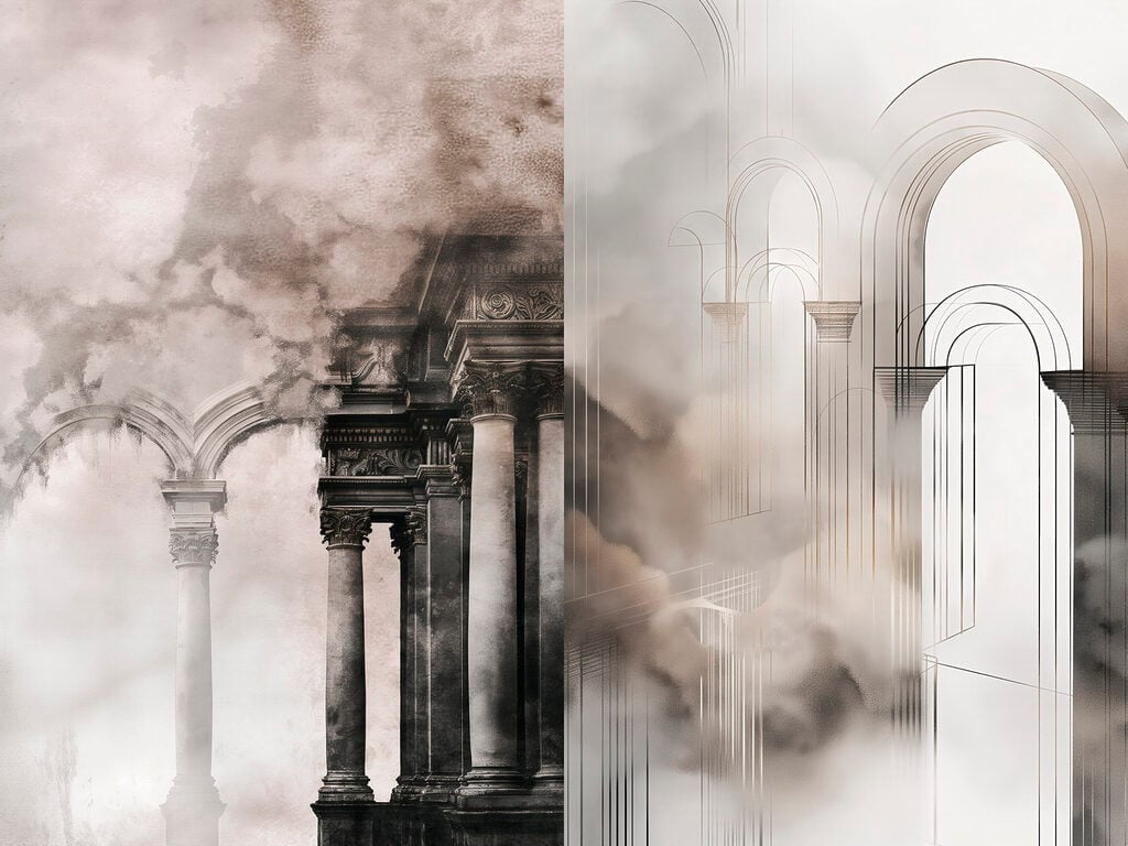 Collage of a building with columns and smoke