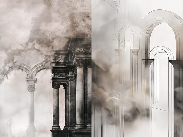 Collage of a building with columns and smoke