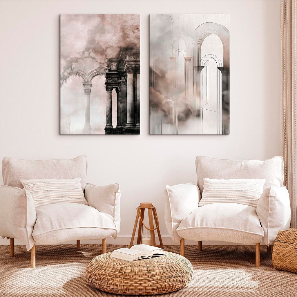 Collage of a building with columns and smoke