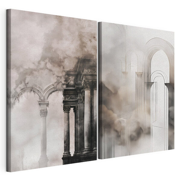 Collage of a building with columns and smoke
