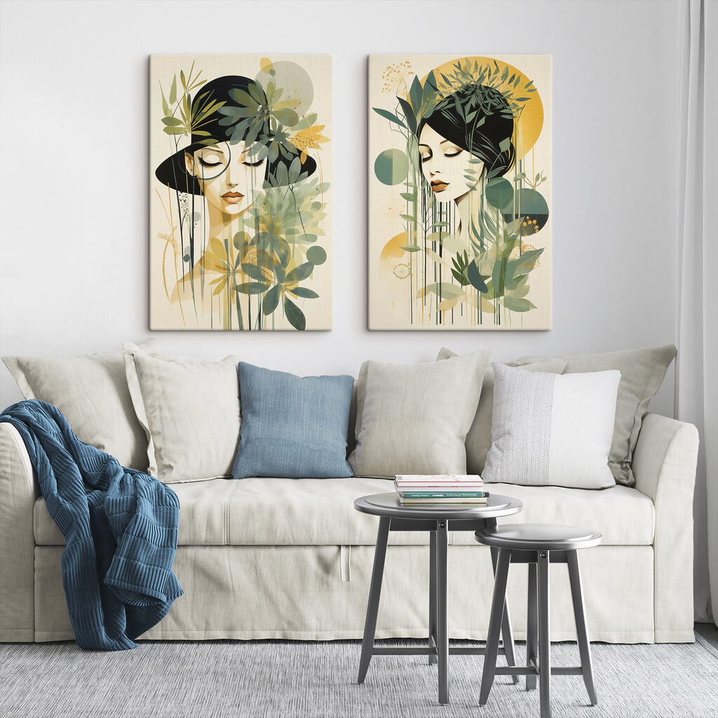 Two images of a woman with leaves