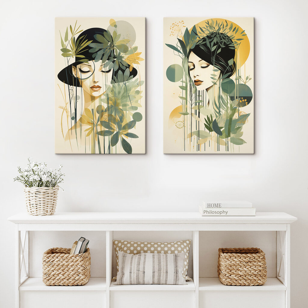 Two images of a woman with leaves