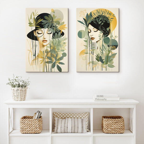 Two images of a woman with leaves