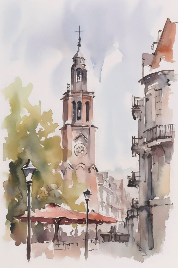 Watercolor of a building with a clock tower