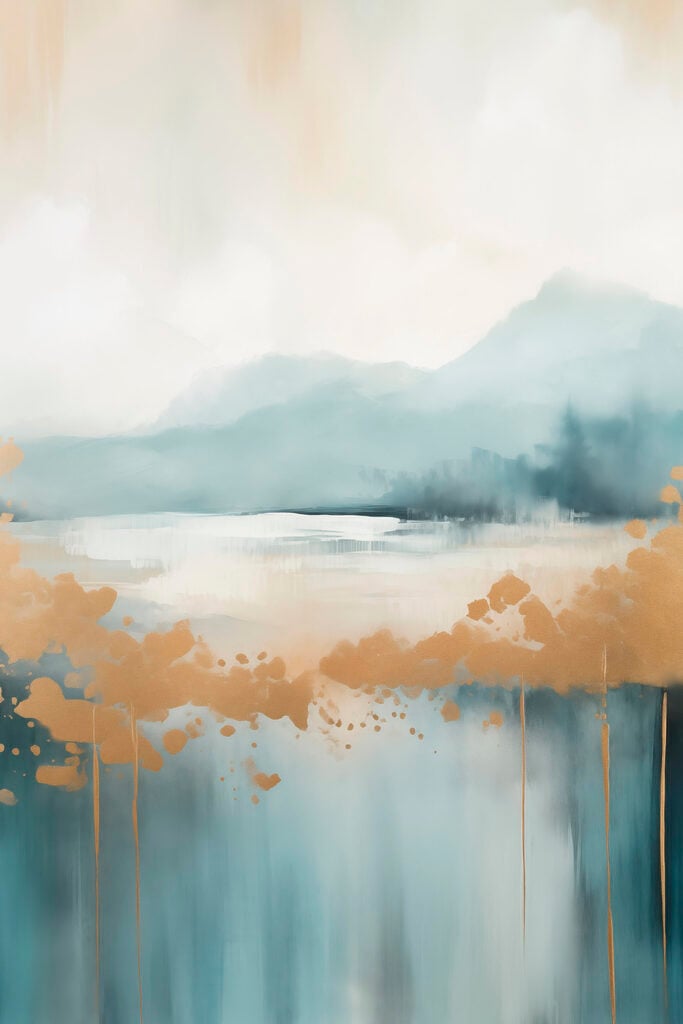 Painting of a lake with mountains in the background