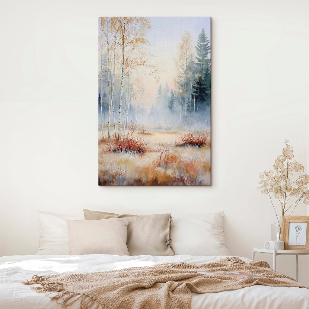 Painting of a forest with fog