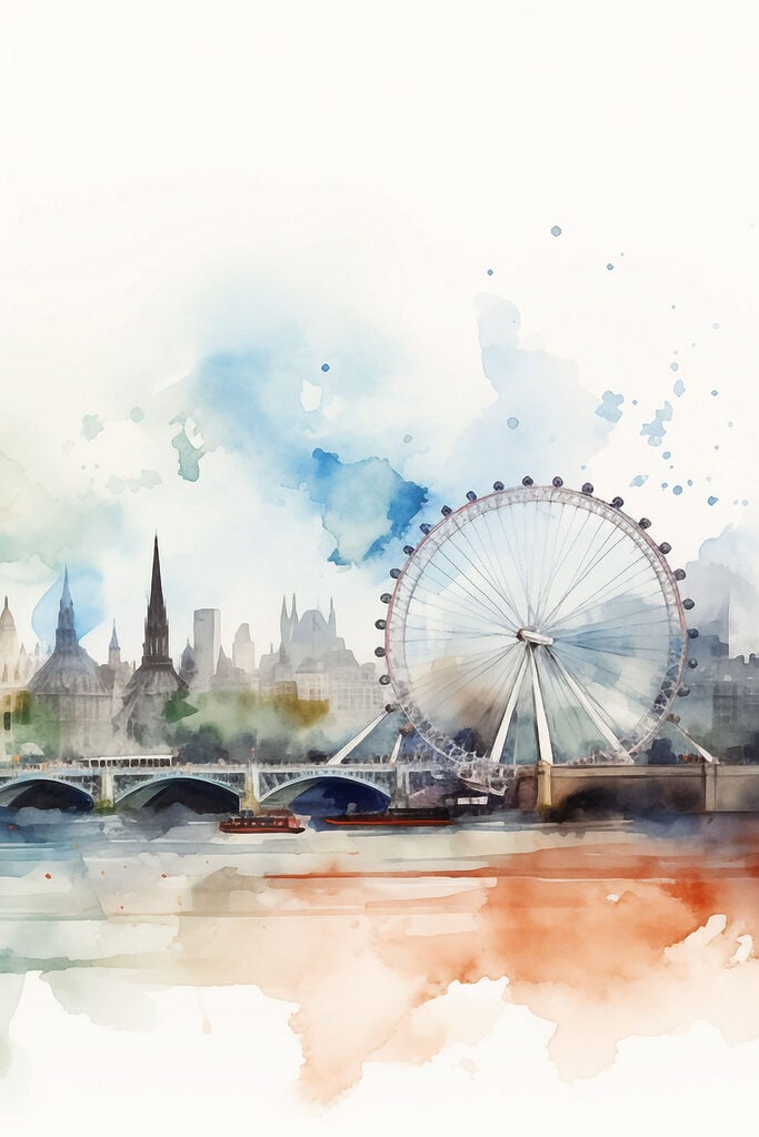 Watercolor of a city with a ferris wheel and a bridge