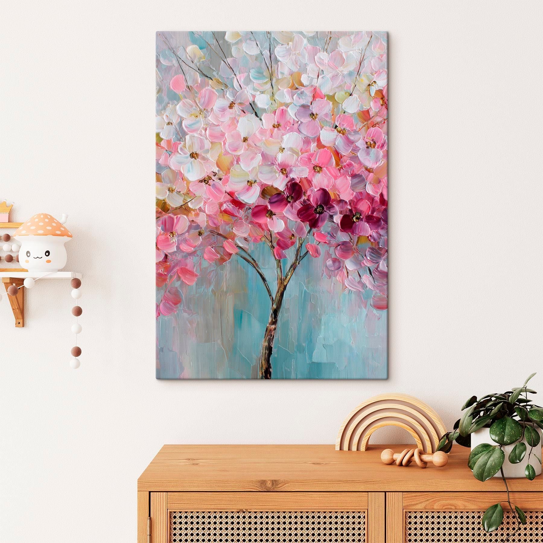 Painting of a tree with pink flowers
