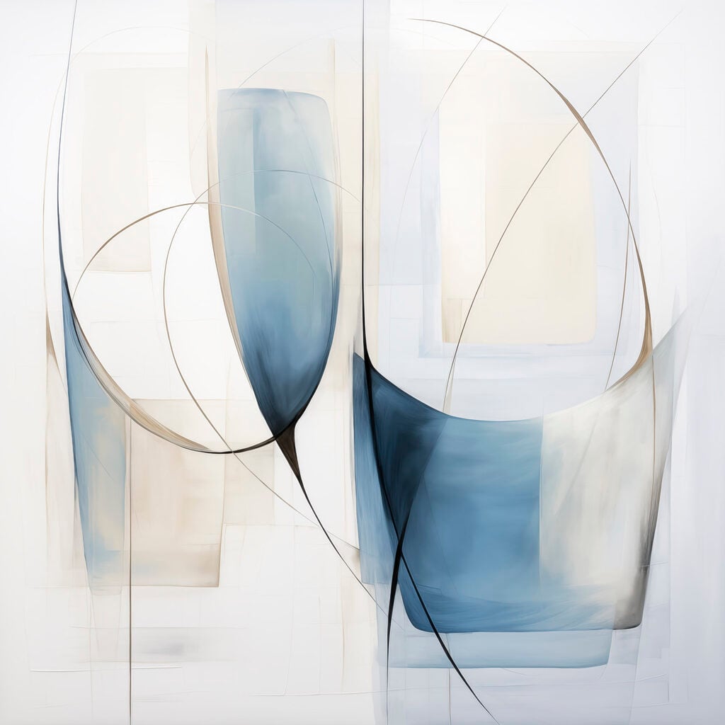 Painting of a couple of blue and white shapes
