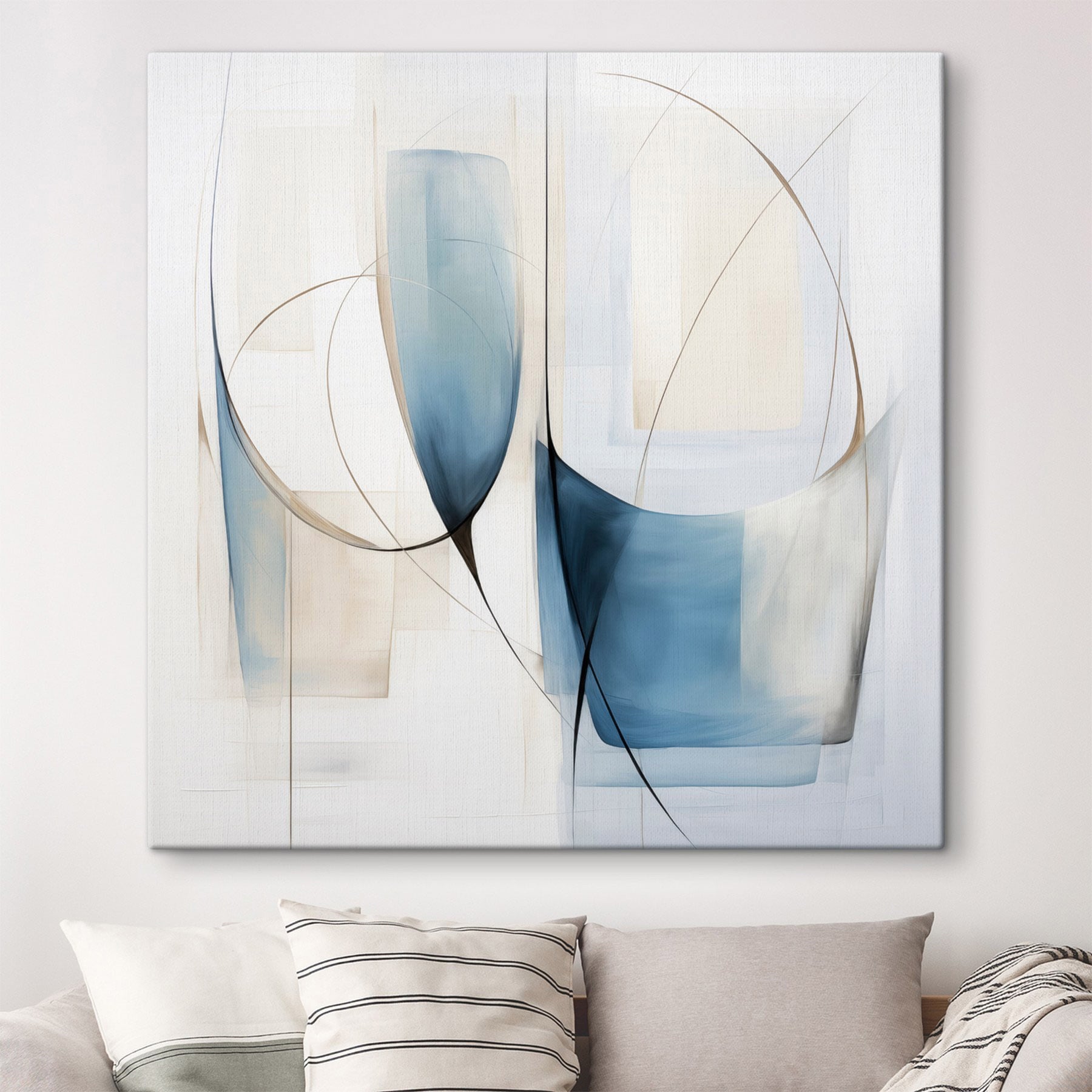 Painting of a couple of blue and white shapes