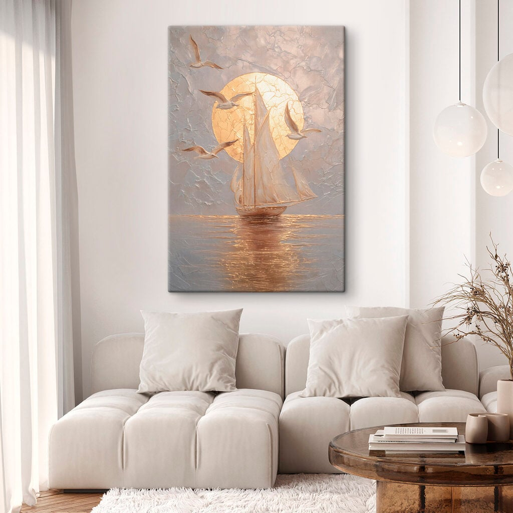 Painting of a sailboat and birds