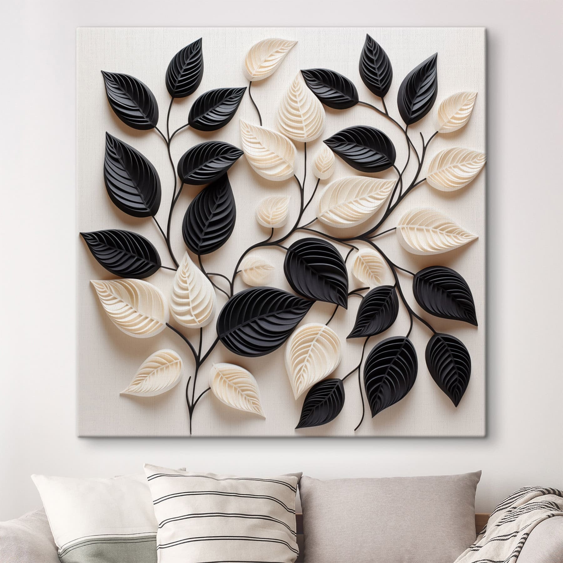 Black and white leaves on a white surface