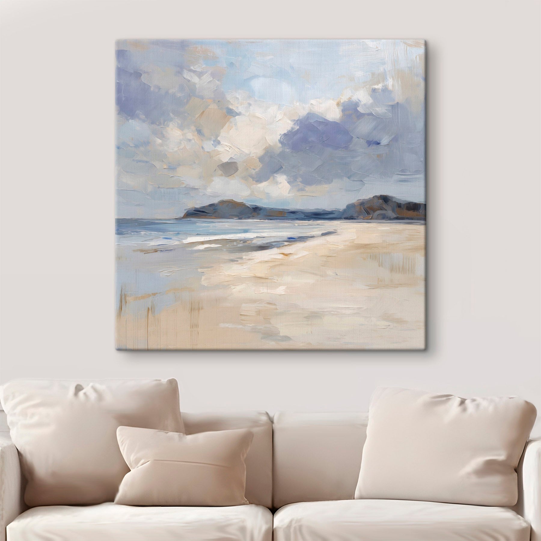 Beach with a sandy beach and mountains in the distance
