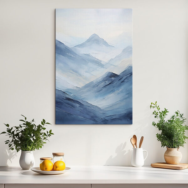 Painting of mountains in fog