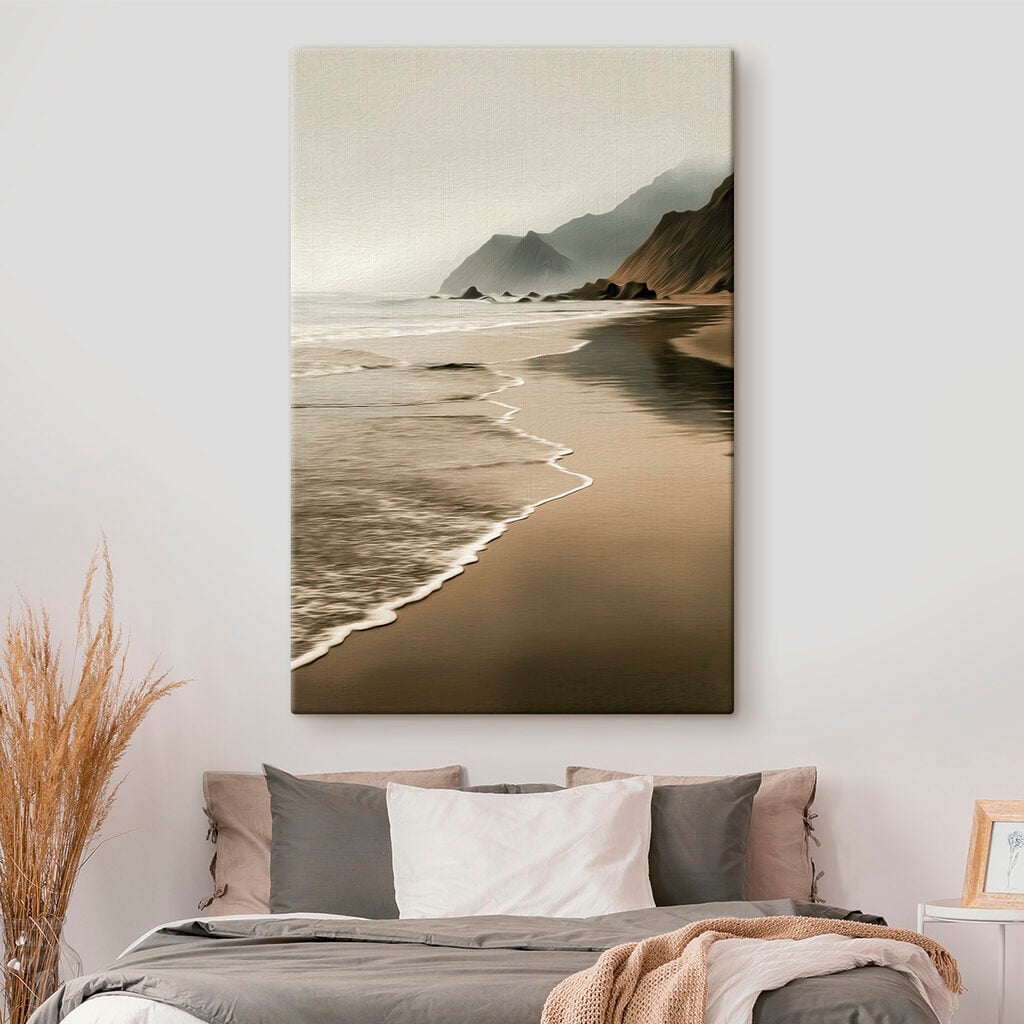 Beach with waves and mountains
