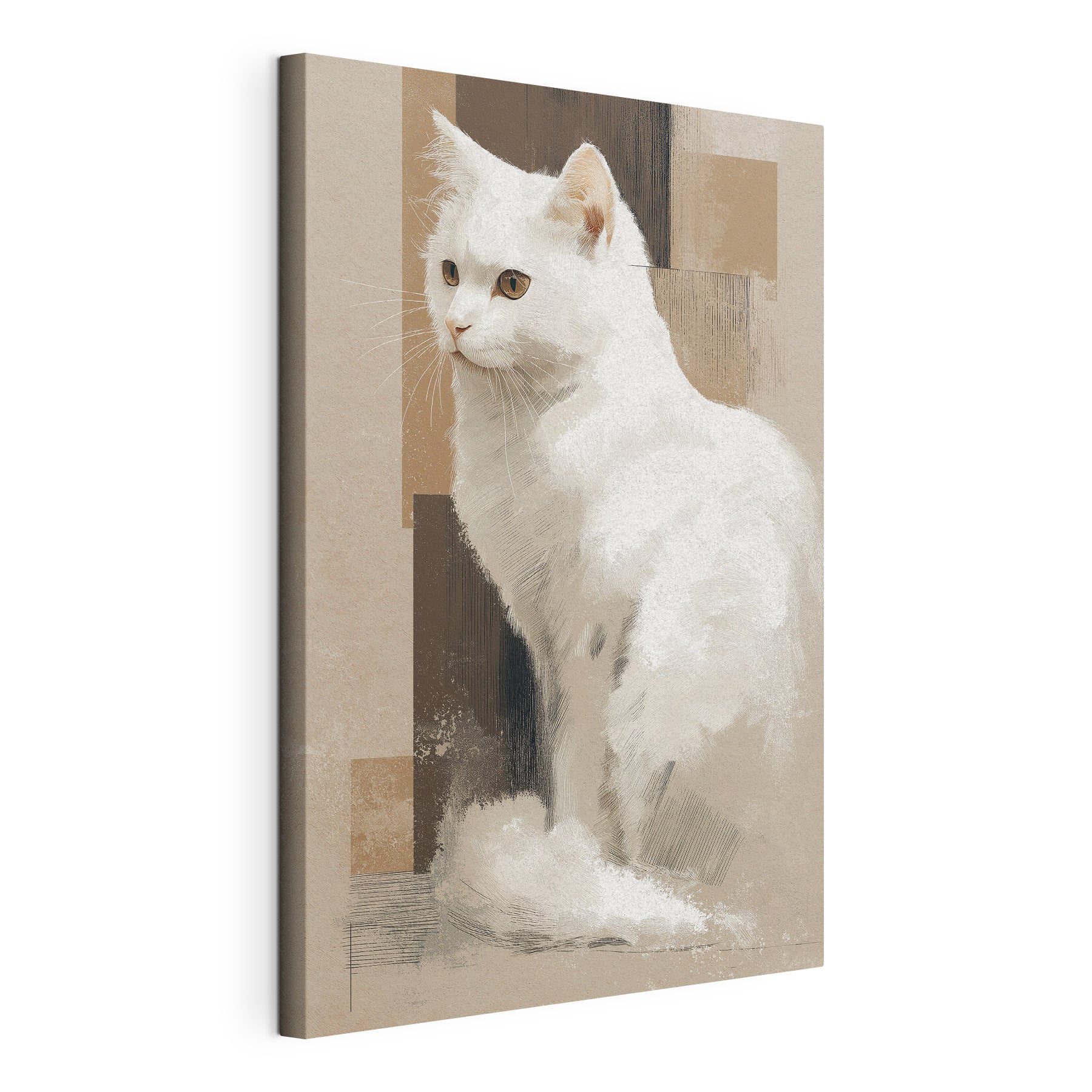 White cat sitting on a brown surface