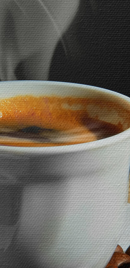A cup of coffee with smoke on a saucer and beans A cup of coffee with smoke on a saucer and beans